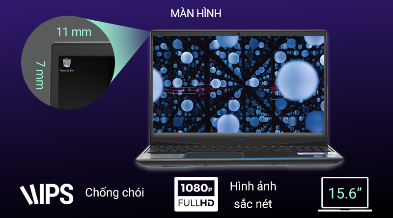 Laptop Dell Gaming G3 có màn hình 15.6 inch Full HD cho hình ảnh đẹp, màu sắc chân thật.